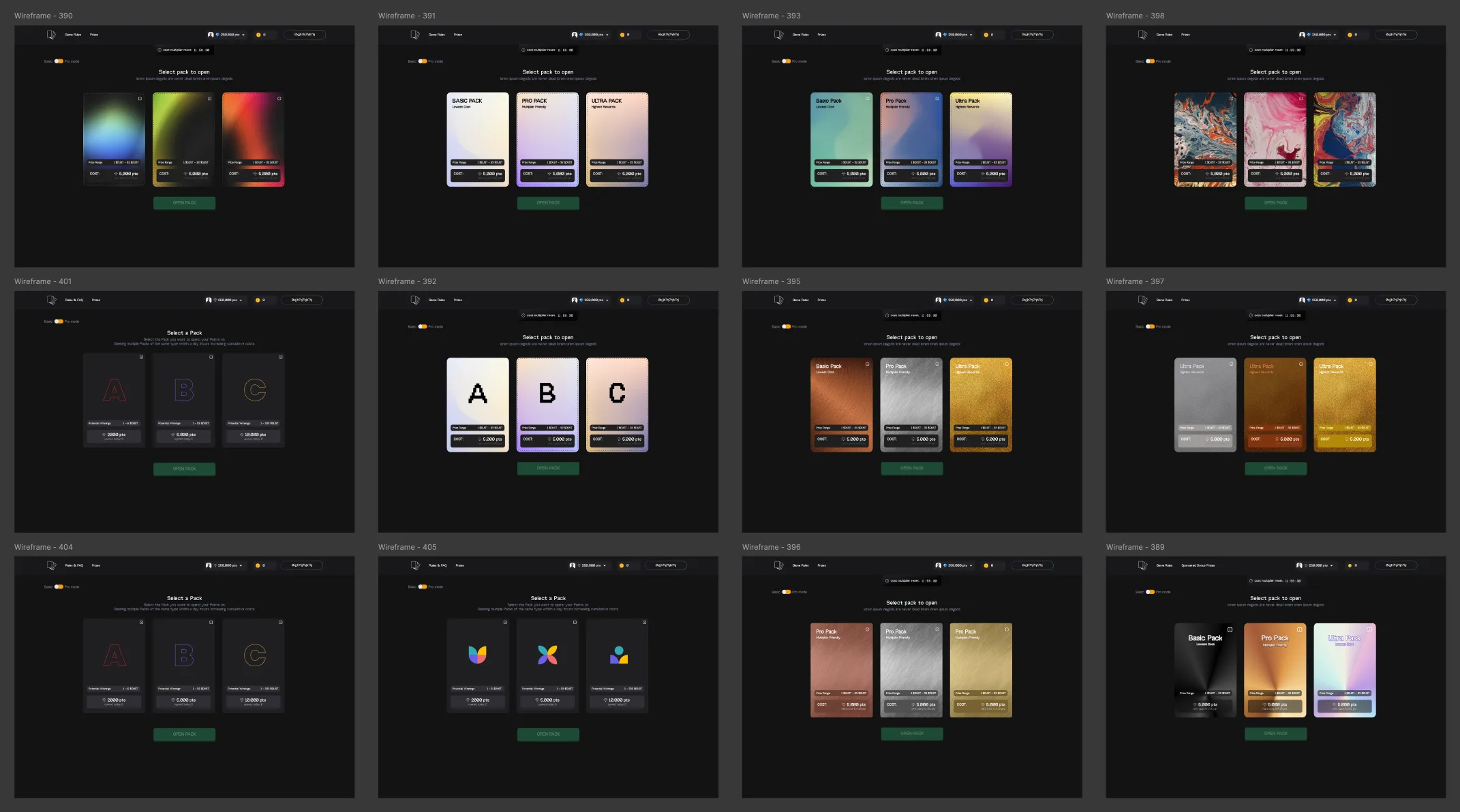 Early card pack concept explorations