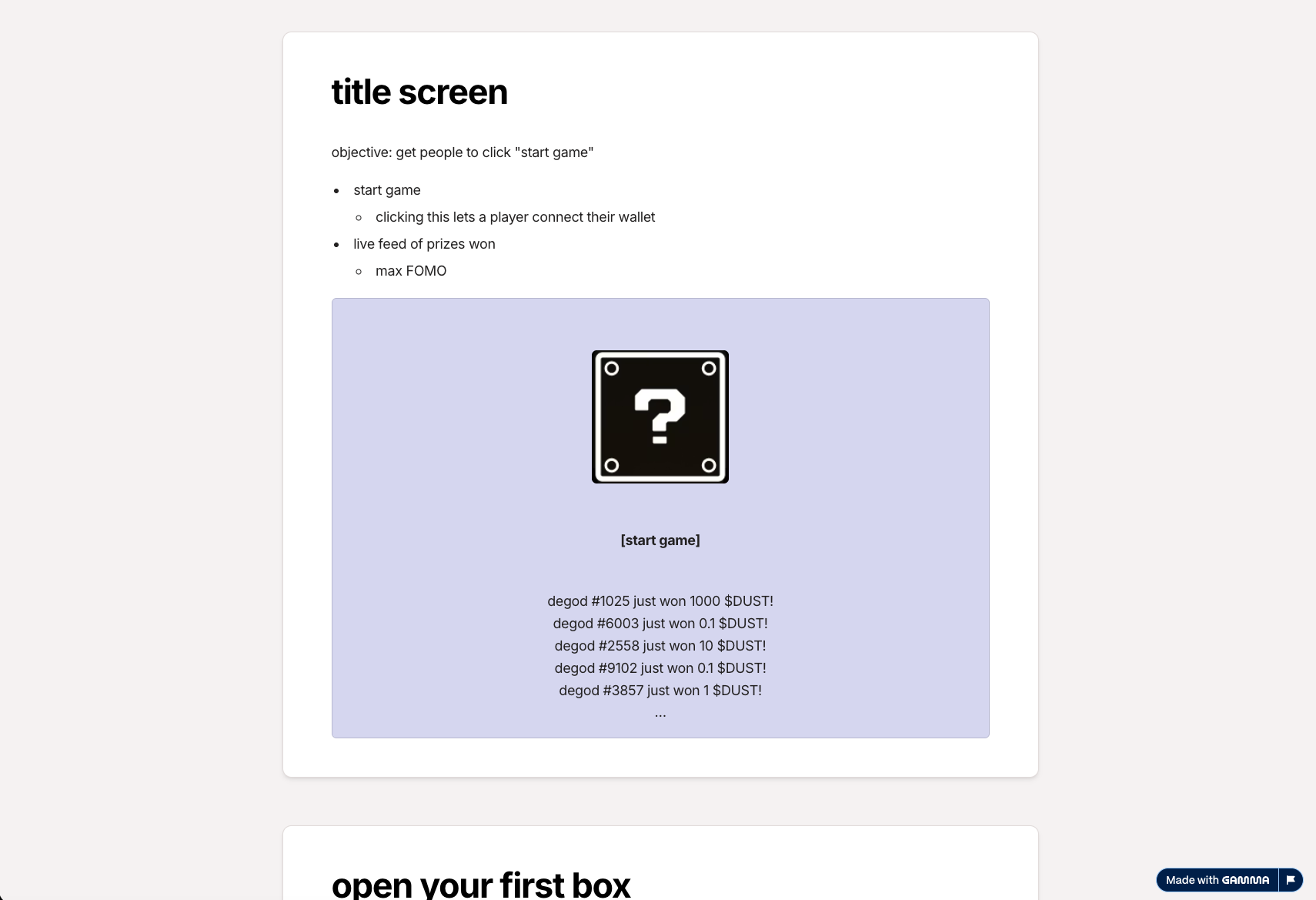 Early pitch deck, the original loot box concept