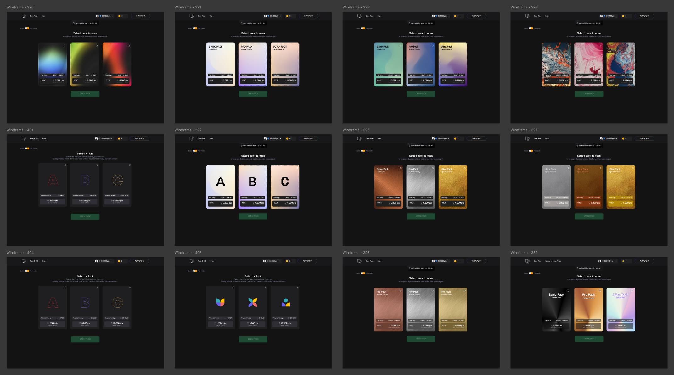 Early card pack concept explorations