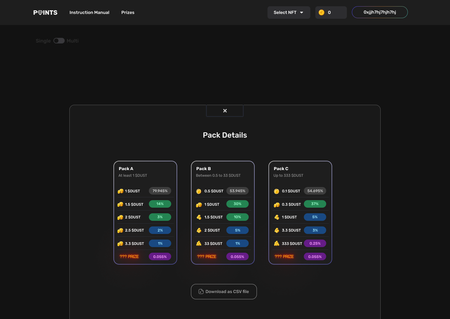 The pack tiers and their odds, with daily pricing that escalated the more you played