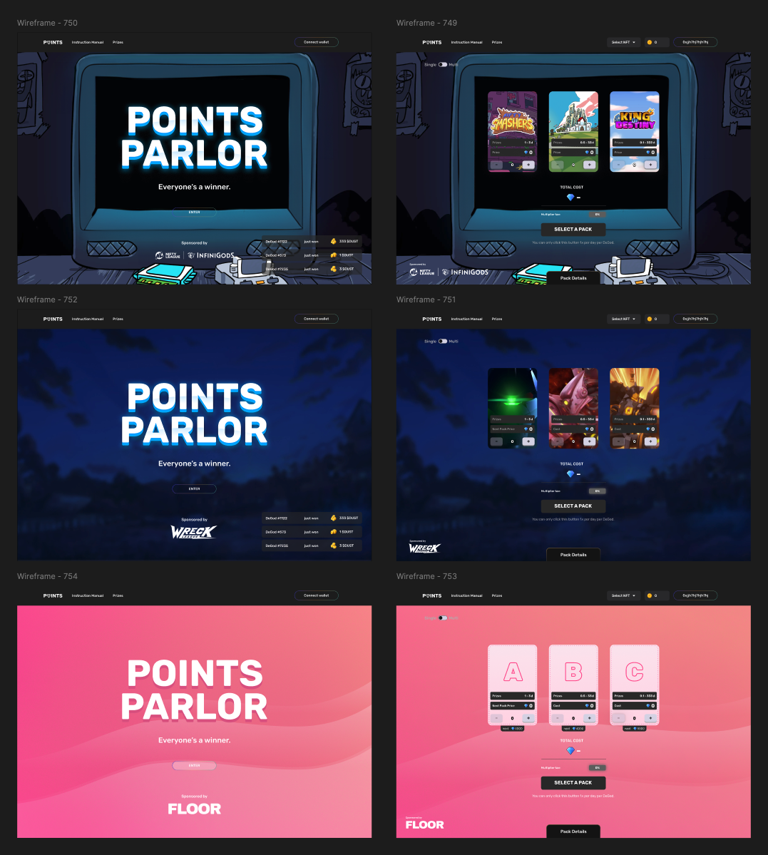 A few of the weekly sponsor skins, each one feeling like a different game