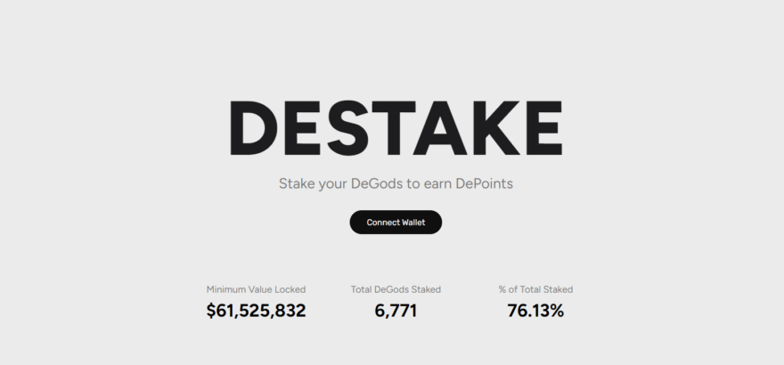 The DeGods staking dashboard, where holders staked their NFTs and watched points accumulate